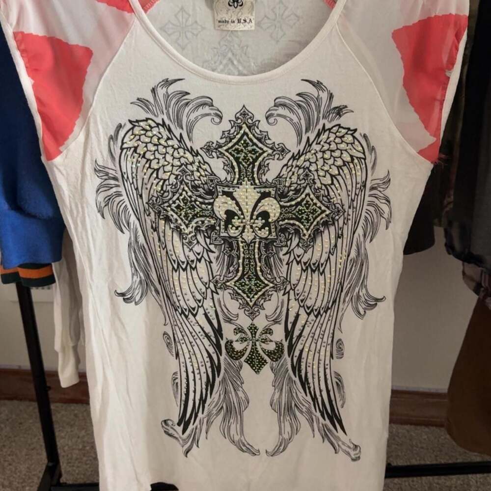 Vocal Studded Angel Wings Cross Graphic Y2K Shirt